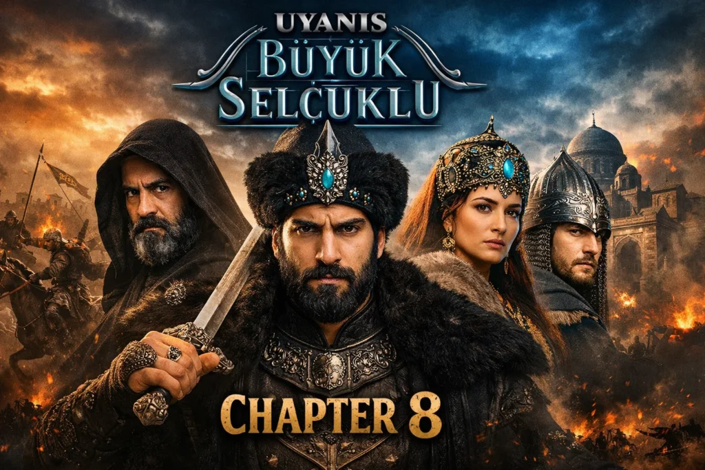 Uyanis Buyuk Selcuklu Chapter 8 scene showing Sultan Melikshah and Seljuk warriors discussing strategy in the Seljuk palace