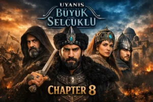 Uyanis Buyuk Selcuklu Chapter 8 scene showing Sultan Melikshah and Seljuk warriors discussing strategy in the Seljuk palace